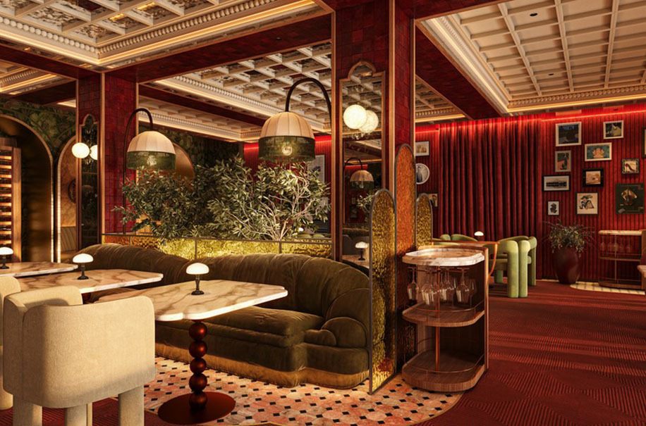 Cozy cruise ship lounge with marble tables, velvet seating and warm lamps